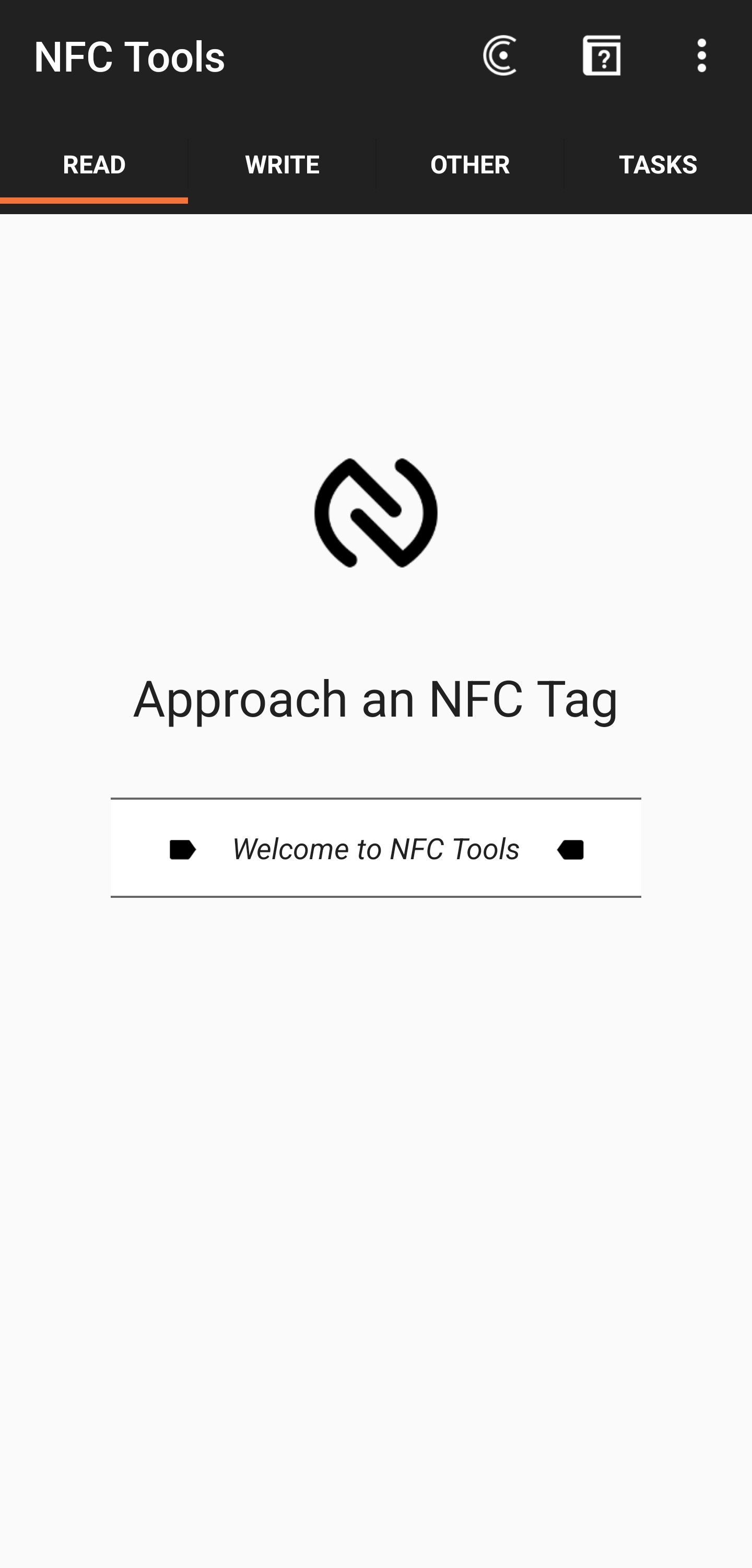 NFC Tools Read tab waiting for a tag