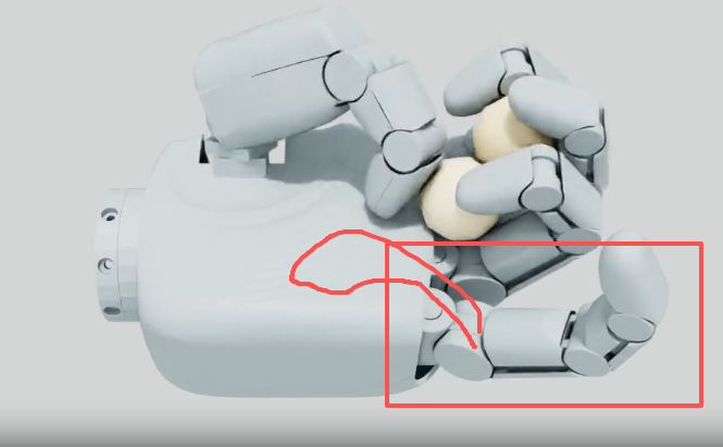 The desired motion sketched onto a sim screenshot: the red box is the pinky-side wall, the red line is the thumb's path pushing the ball from below