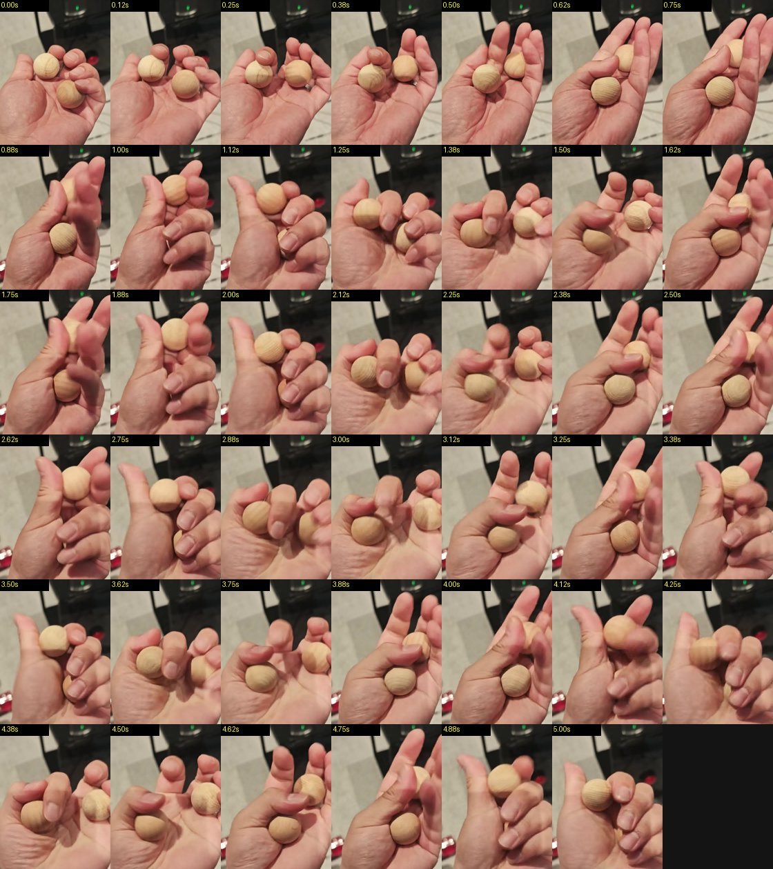 Frames from the human reference: about 1.3–1.8 s per revolution, the two balls alternate high and low, the thumb sweeps from below upward