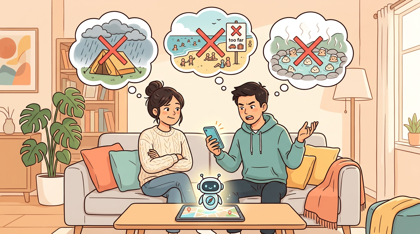 A couple frustrated about vacation planning — every idea gets rejected