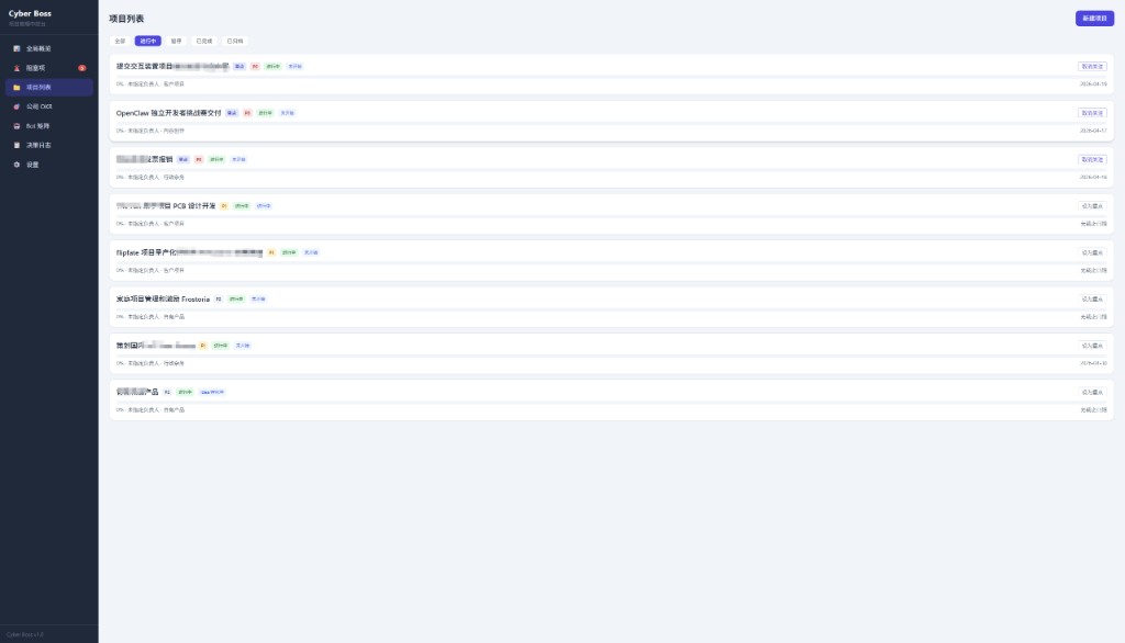 Dashboard project list: in-progress / paused / completed / archived groupings