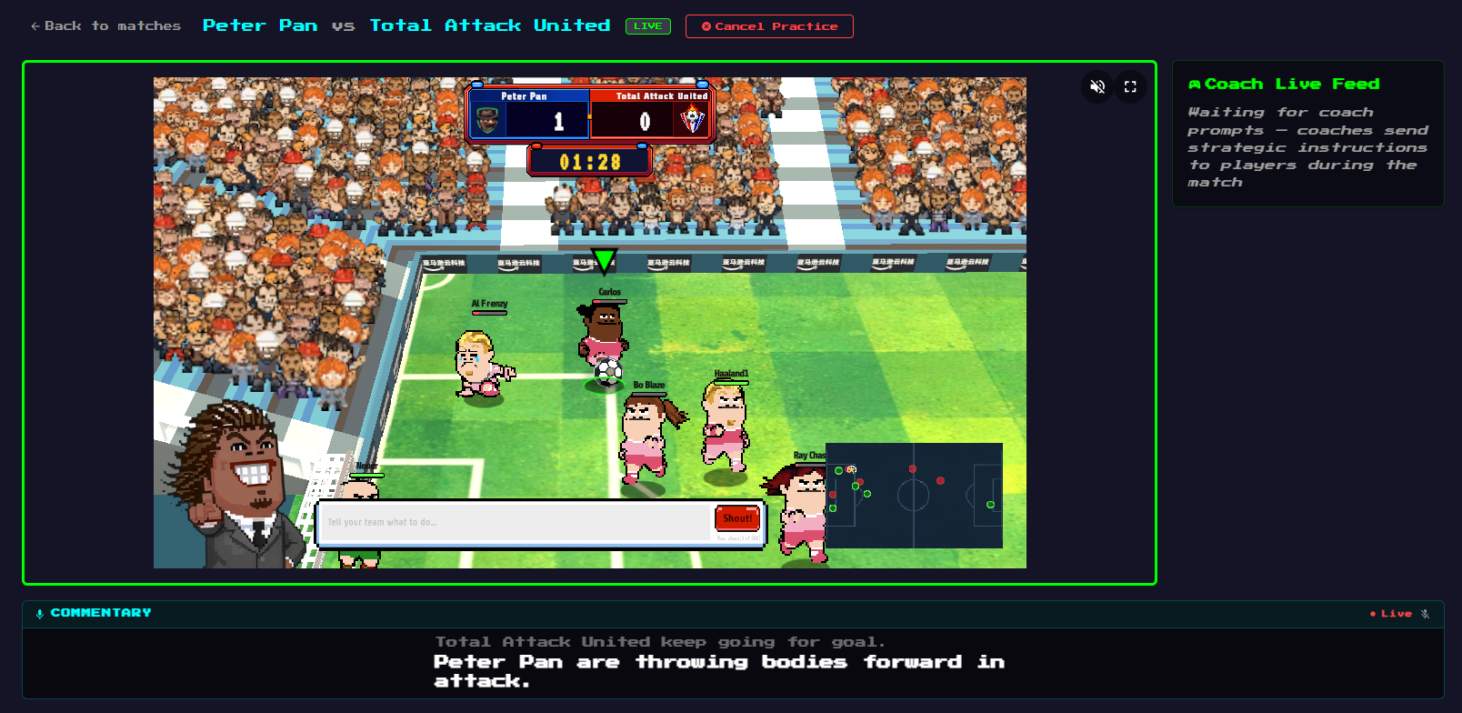 Live match — coach shout input at the bottom left ("Shout!"), Coach Live Feed panel on the right, tactical minimap bottom right