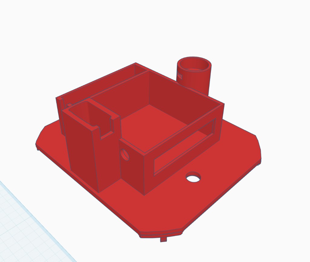 TinkerCAD enclosure design — flat platform that mounts the Jetson, camera tower, and cable channel onto the Roomba chassis
