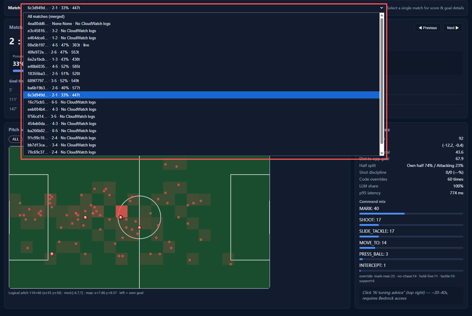 Match dropdown — independent matches recovered by grind-window splitting; entries without local logs are labeled "No CloudWatch logs"