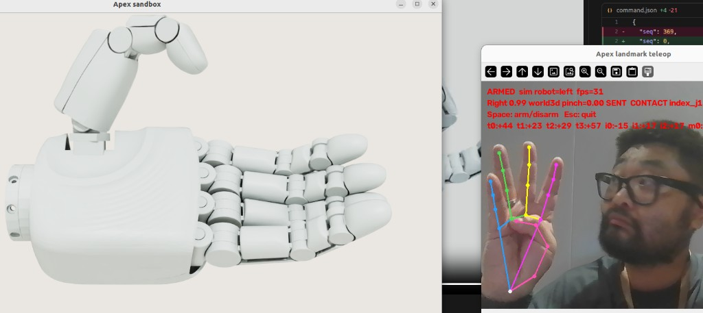 Isaac sandbox and the teleoperation window side by side: MediaPipe skeleton on the left, the driven simulated left hand on the right