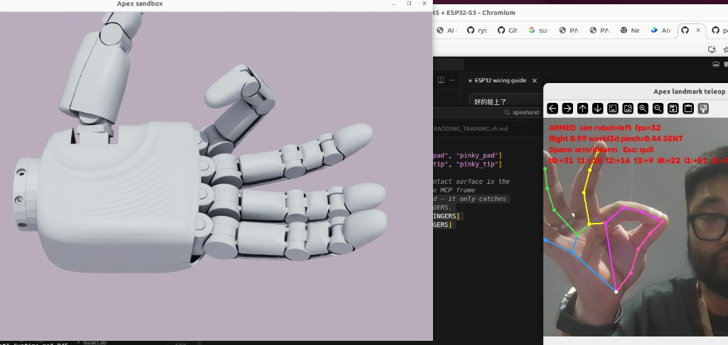 22:36 — the operator makes an OK pinch (pinch=0.44) while the sandbox thumb stands straight up and the fingers are almost extended: the thumb semantics were completely off