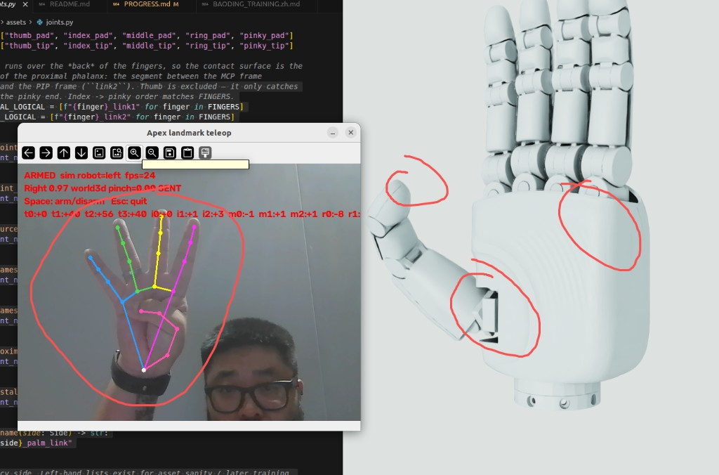 23:02 — red circles on what needed re-binding: the thumb, the index/middle flexion amount, the pinky side. The three palm-frame axes were rewritten right after this