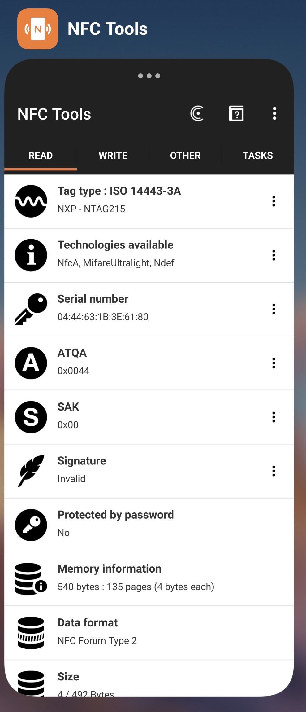 NFC Tools 读取成功后显示的 NTAG215 标签详情